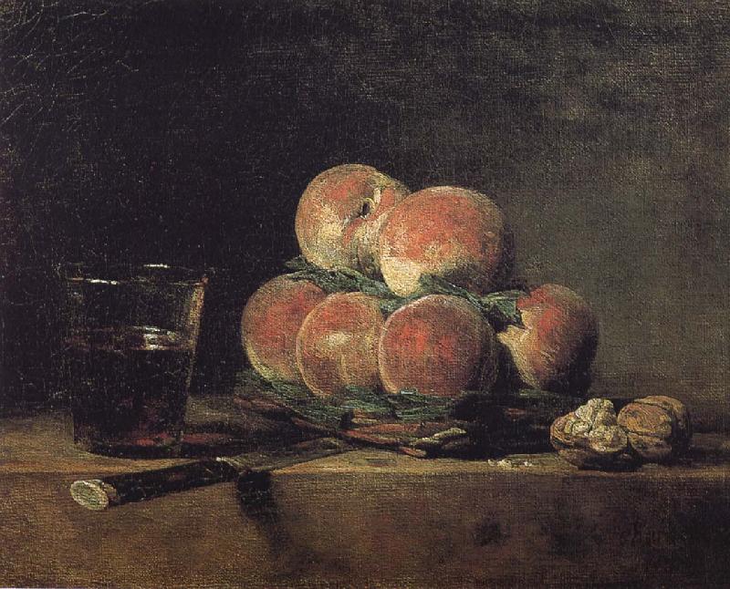 Jean Baptiste Simeon Chardin Baskets of peaches with wine walnut knife oil painting picture